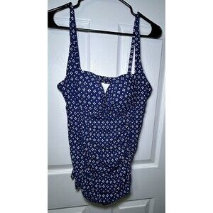 Tahiti Women’s One Piece Wireless Shirred Waist Swim Suit Polka Dot Size Large
